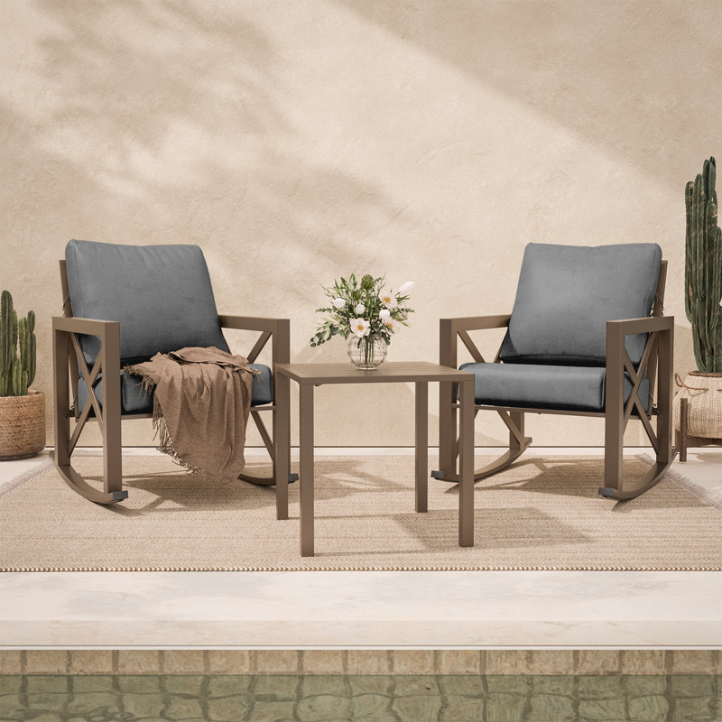 Chaises berçantes d'extérieur en osier avec coussins (ensemble de 2), Gris