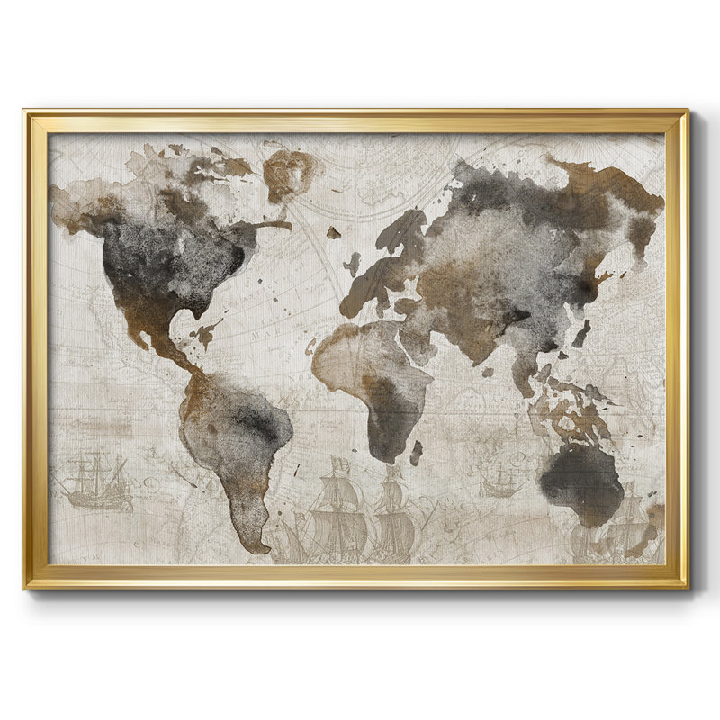 Carte antique encadrée sur toile, H 14 po x l 20 po x P 1,5 po, Or