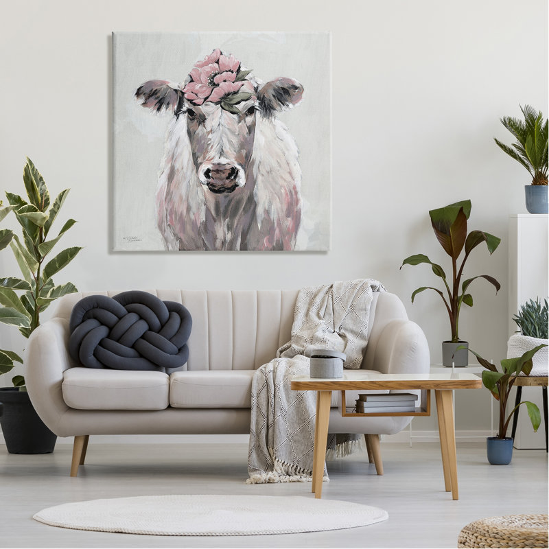 Botanical Cow Cattle Flower Blossom Canvas Wall Art, 36" x 36"