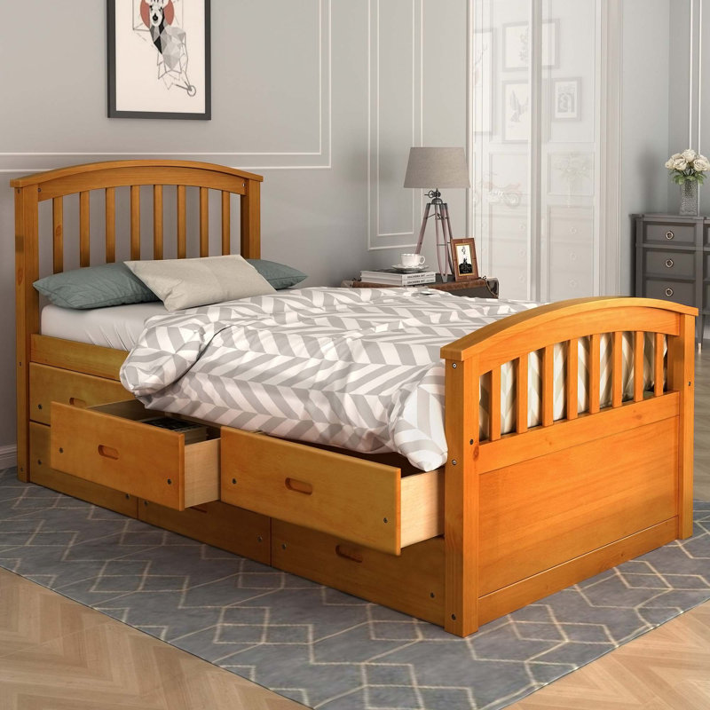 Lit plateforme avec rangement Coverson, lit en bois massif avec 6 tiroirs, Chêne 