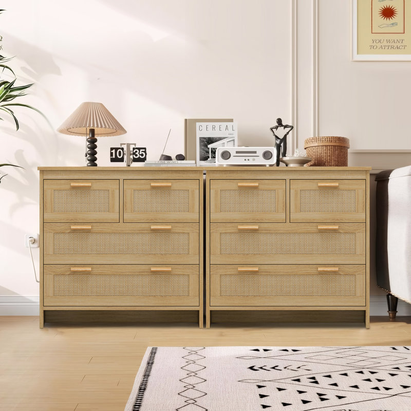 3-Drawer Rattan Geoff Dresser, Wooden Storage Cabinet w/Boho Mid-Century, Natural