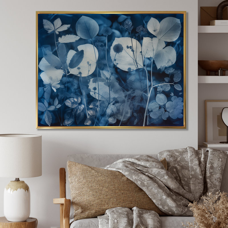 «Vintage Botanicals Abstract Leaves Retro Blue I», reproduction sur toile, Cadre flottant doré, H 16 po x l 32 po x P 1 po