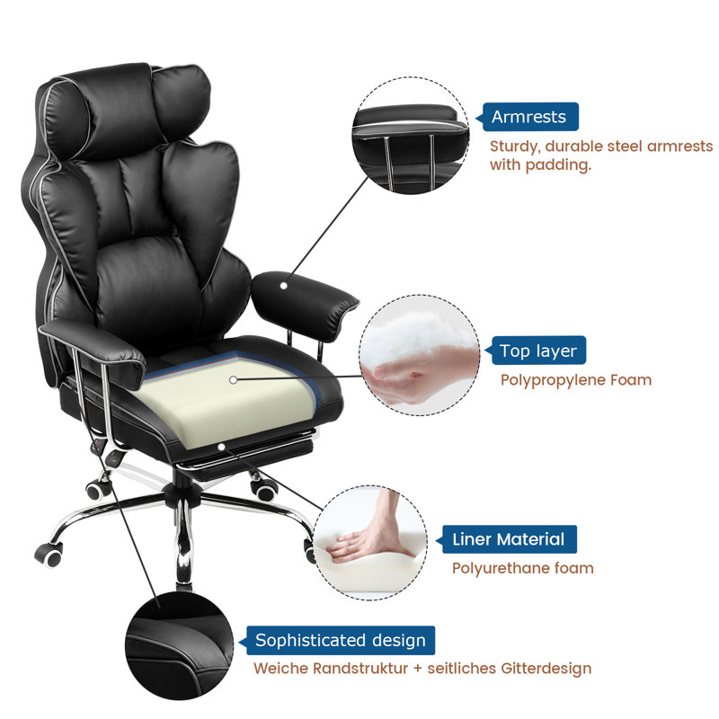 Millton Office Chair, Executive desk Chair Ergonomic High Back PU Leather Reclining Computer Chairs with Footrest Height Adjustable 360° Swivel Gaming Chair