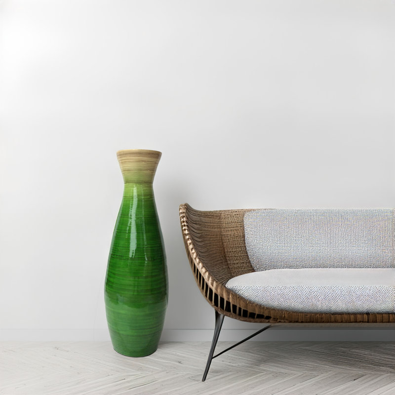 Glossy Green Bamboo Floor Vase with Natural Tone Accent