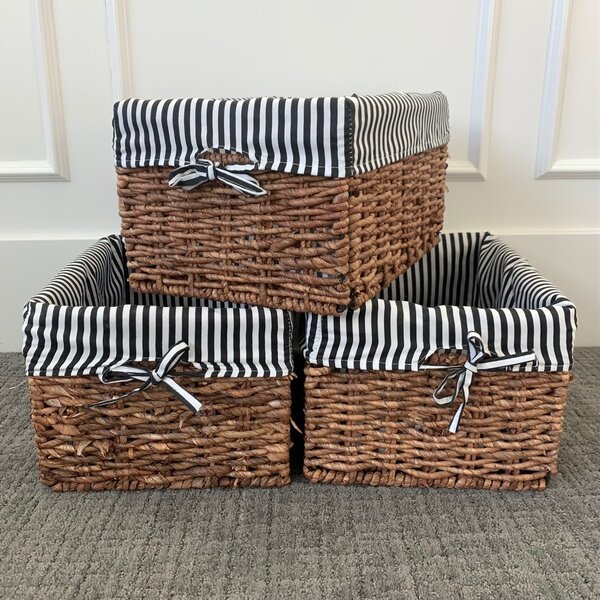 Hand Woven Rectangle Maize Storage Basket - Set of 3 - Baby Blue Stripes (Set of 3) Longshore Tides Color: Black