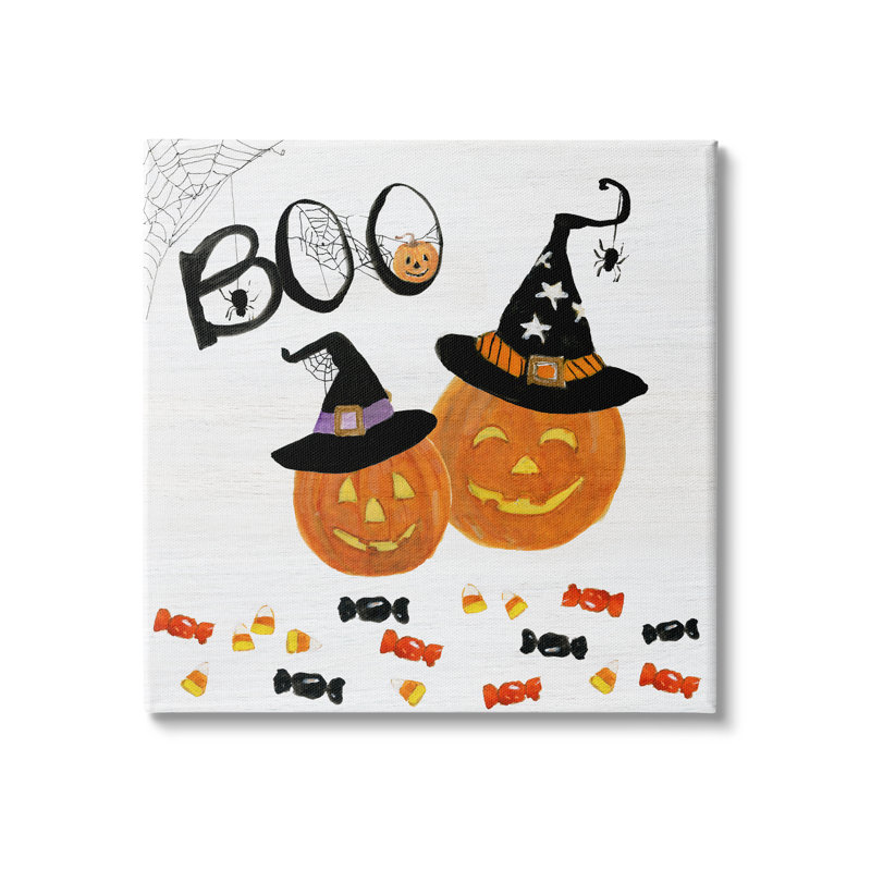 «Boo Expression with Orange Pumpkins Witch Hats» par Sally Swatland - impression d'art graphique, Toile tendue