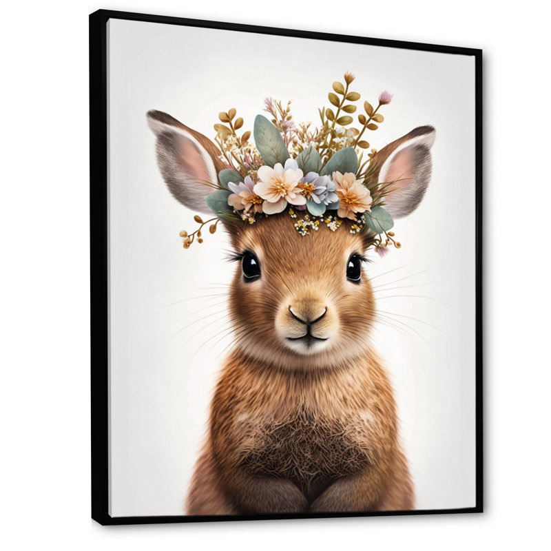 Adorable bébé lapin avec couronne florale I - reproduction d'art sur toile, H 20 po x l 12 po x P 1 po