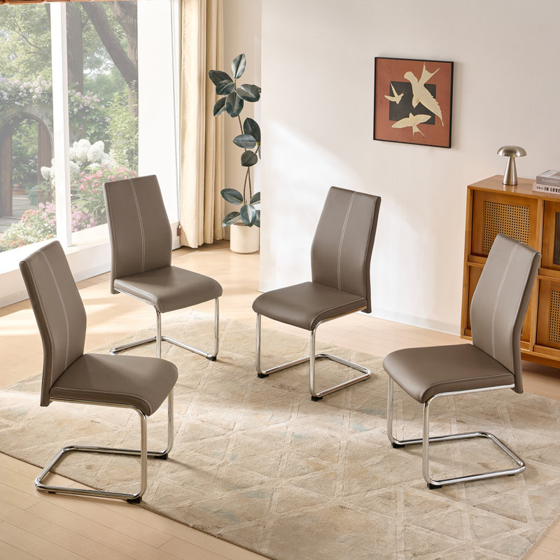 Faux Leather Dining Chair Set with Chrome Cantilever Base, Latte, 4