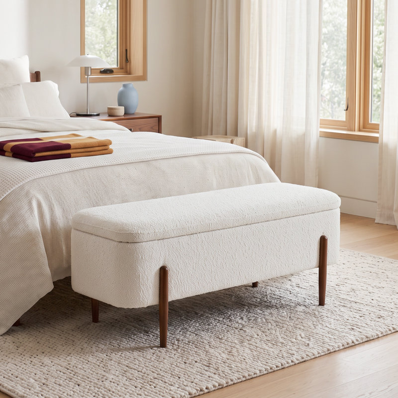 Banc de rangement rembourré en tissu ivoire Mid-Century de 48 po Paxo