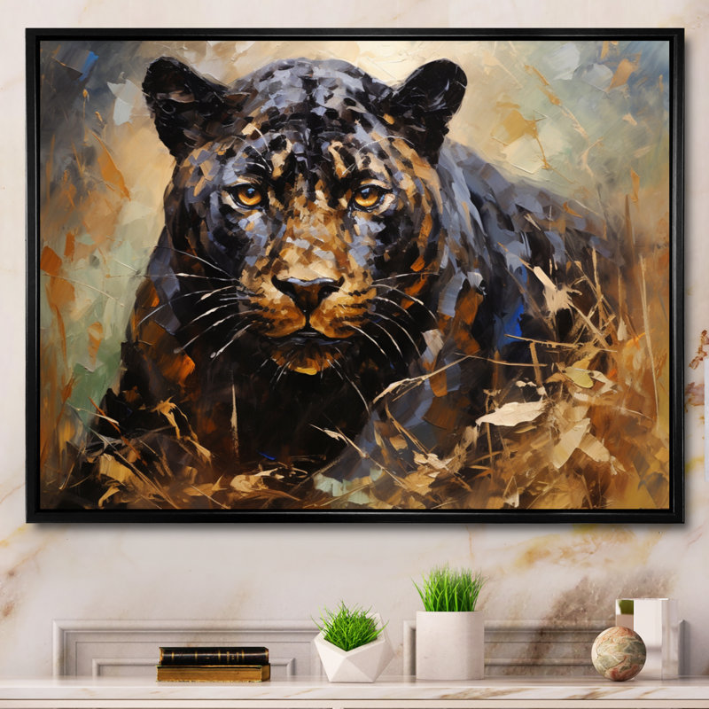 «Bevash Gold Panther Presence», reproduction sur toile, Cadre flottant noir, H 30 po x l 40 po x P 1,5 po