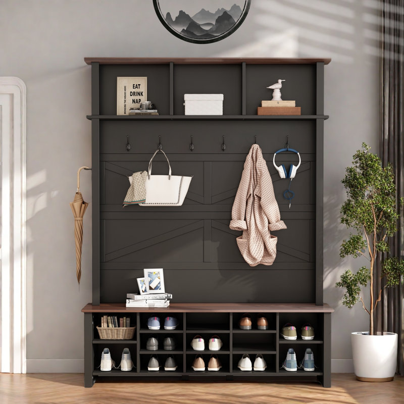 Farmhouse 4-in-1 Hall Tree With 6 Hooks, Entryway Bench With Adjustable Shelves, 16 Open Compartments And A Side Umbrella Rack