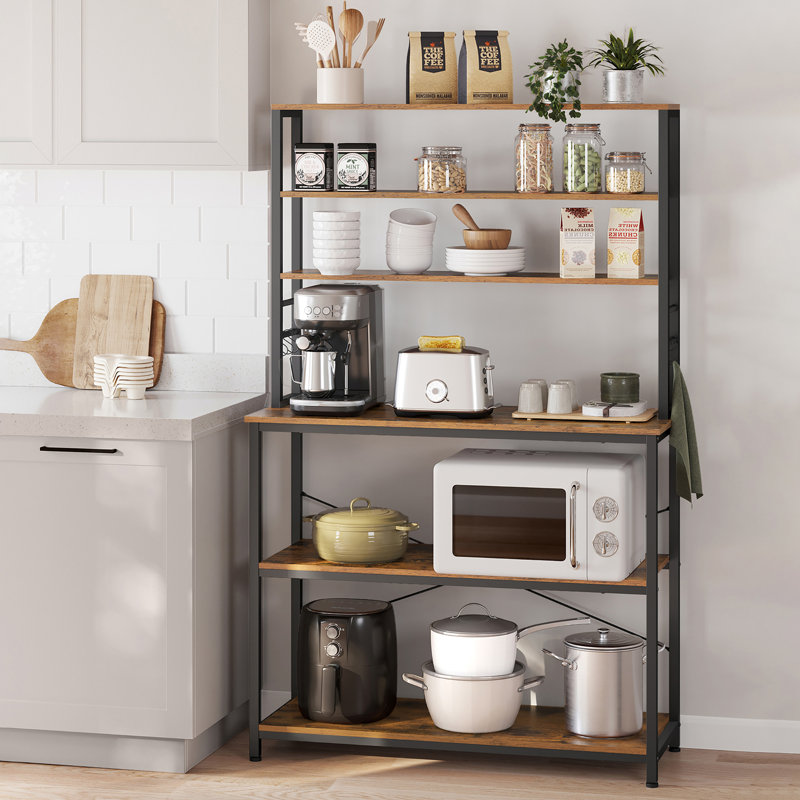 Kitchen Storage Rack, Coffee Bar, Baker’S Rack, Total 6 Shelves And 6 Hooks, For Microwave, Steel Frame, Industrial, 40 X 100 X 167 Cm, Rustic Brown And Black