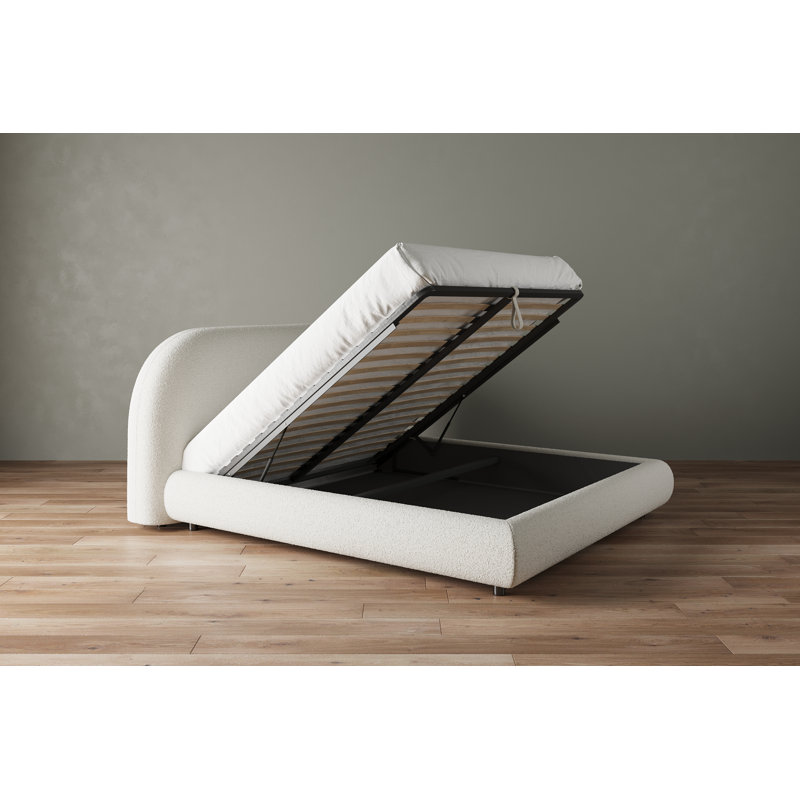 Lit de rangement moderne rembourré en tissu bouclé crème avec rangement relevable et tête de lit courbée, Très grand