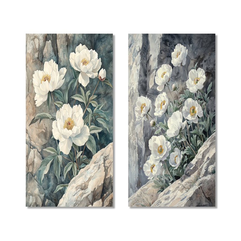 Monochrome Peonies by the Cliff Edge I – Botanical 2 Piece Oversized Metal Wall Decor Prints, 40" H x 40" W