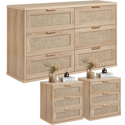 Rattan Dresser and Nightstand Set, 3-Piece, 6-Drawer Dresser and 3-Drawer Nightstand