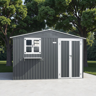 10x8 FT Outdoor Metal Storage Shed with Window & Flower Rack, Lockable Double Doors Tool Shed, Waterproof Weatherproof Garden Shed for Backyard Patio