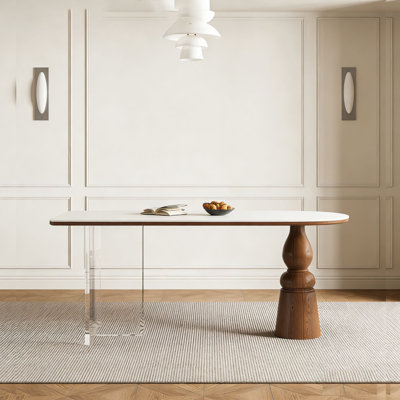 Mid-Century Acacia Wood & Rock Dining Table