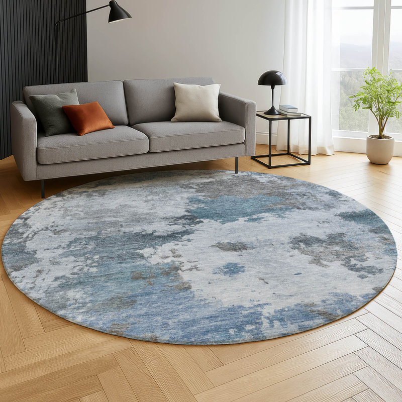 Premium Machine Washable Mayfield AMF2144 abstract Rug, Blue, 8' Round
