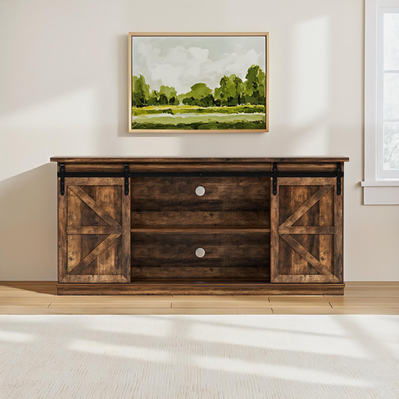 Meuble télé avec portes de grange coulissantes pour téléviseur de 65 po ou moins Hartin, Chêne Carol