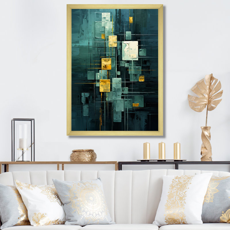 «Sudden Serenity Abstract Turquoise and Gold I», reproduction sur toile, H 32 po x l 16 po x P 1 po