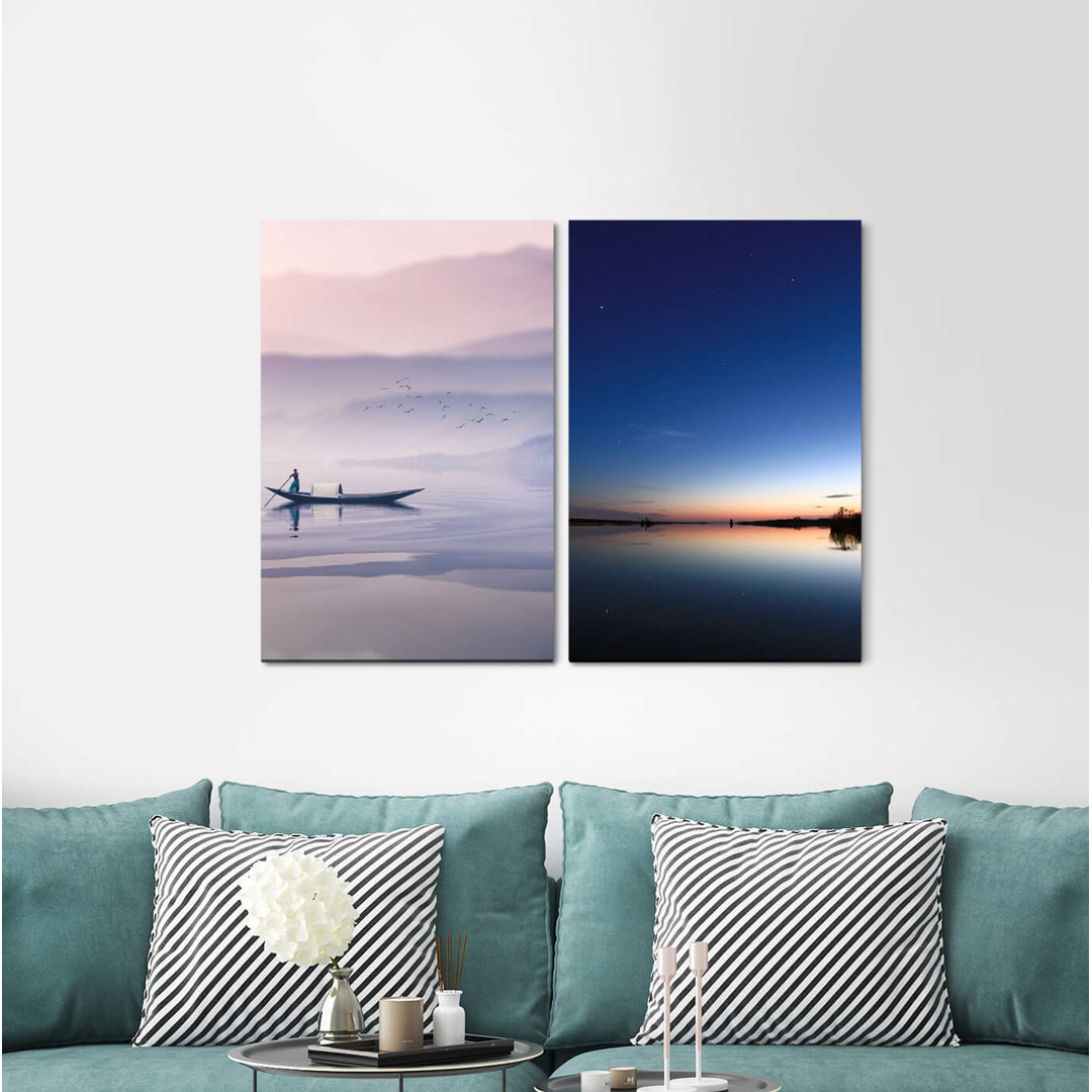 2-tlg. Leinwandbilder-Set - Grafikdruck „Fisherman Boat Lake Mountains Sunset River Dusk”