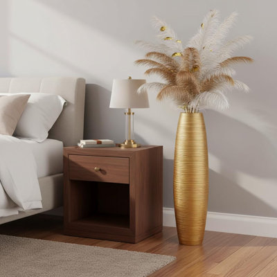  Vase à corps large en résine, grand vase de sol or brillant 35,4 po avec texture nervurée horizontale pour les branches d'herbe de la pampa séchée, décoration intérieure moderne pour le vestibule d'angle du salon
