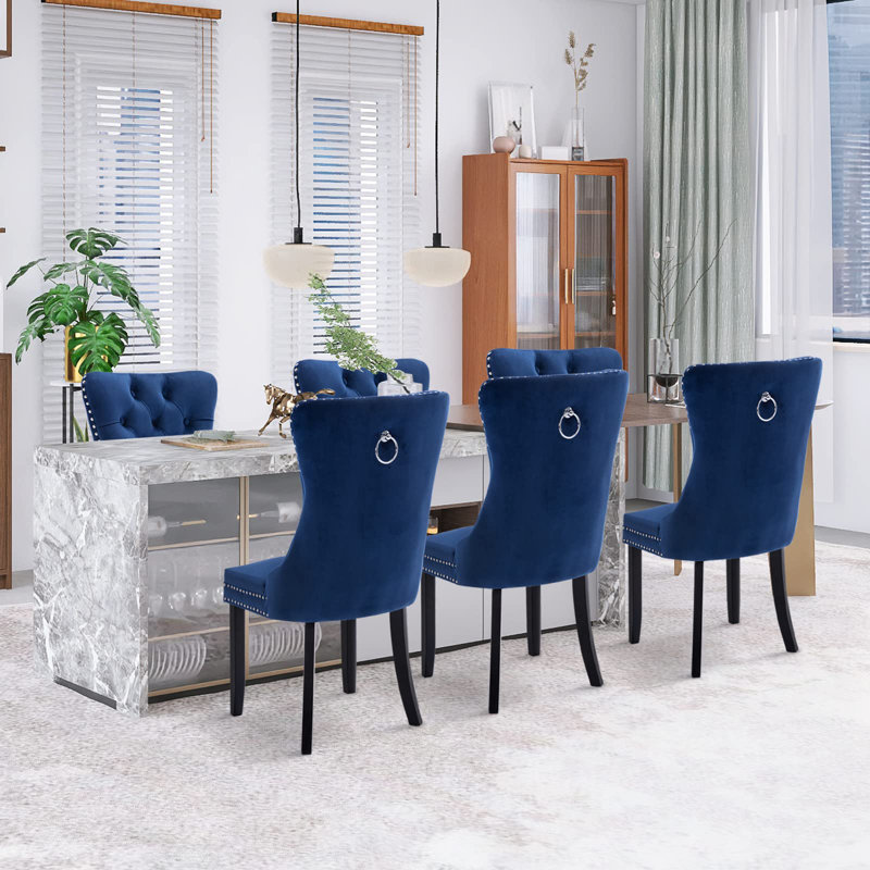 Velvet Dining Chair Tufted Dining Room Chair With Solid Wood Leg (set Of 6), Blue