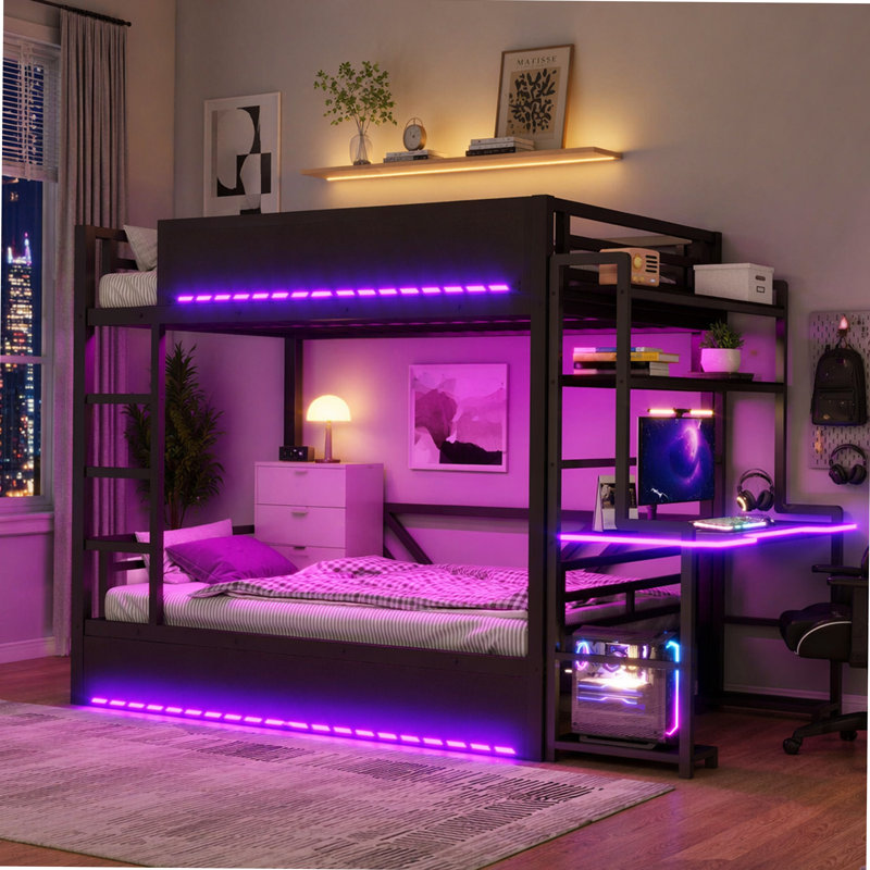 Lit superposé double en métal pleine grandeur avec bureau, deux tablettes de rangement et lumière DEL, noir
