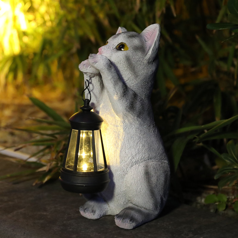 Statue de jardin pour chat 10 pouces avec lanterne solaire, statue solaire, décoration en résine pour patio, pelouse et espaces extérieurs