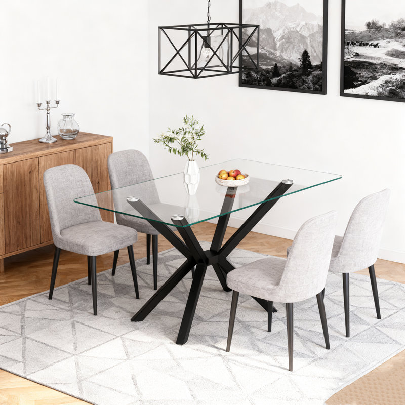 47.24" Rectangular Tempered Glass Dining Table With Metal Legs, Black