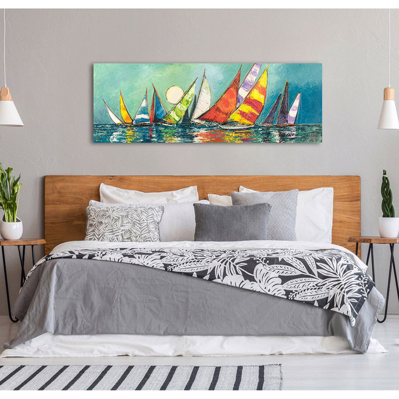 Regatta in the Moonlight I 1 Piece Wrapped Canvas Panoramic Painting, 40cm H x 120cm W x 4cm D