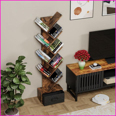 Bookshelf, Rustic Walnut Brown Engineered Wood | 9-Tier with Drawer | Space-Saving Vertical | Anti-Tip | Deep Rustic Brown | Engineered Wood