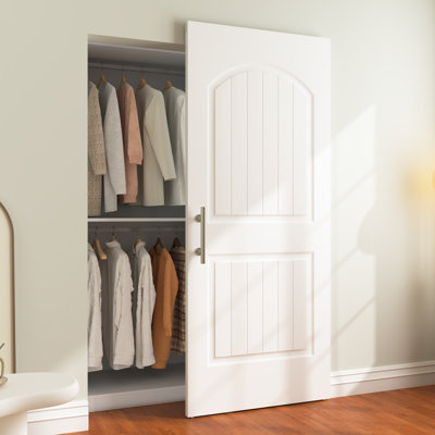 36"x84" Concealed Magic Sliding Barn Doors, Raised 2-Panel Arch Top Plank Textured White Primed With Invisible Installation Hardware Kit and One Sided Matte Black Pull and One Sided Matte Black Flush Pull
