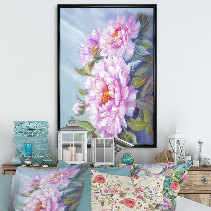 «Pink Peony Flowers Bouquet», reproduction d'art sur toile, H 36 po x l 24 po x P 1 po, Toile à cadre flottant noir