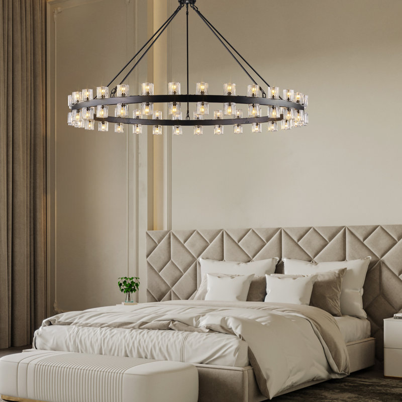 Wagon Wheel Chandelier With Crystal Shade, Matte Black, 48 Lights