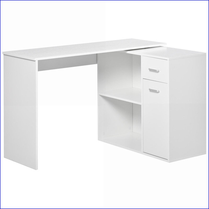 Bureau d'ordinateur en forme de L avec conception pivotante à 180 °, tablettes de rangement, tiroir et amp; Cabinet pour bureau personnel | Blanc | Panneau de particules P2