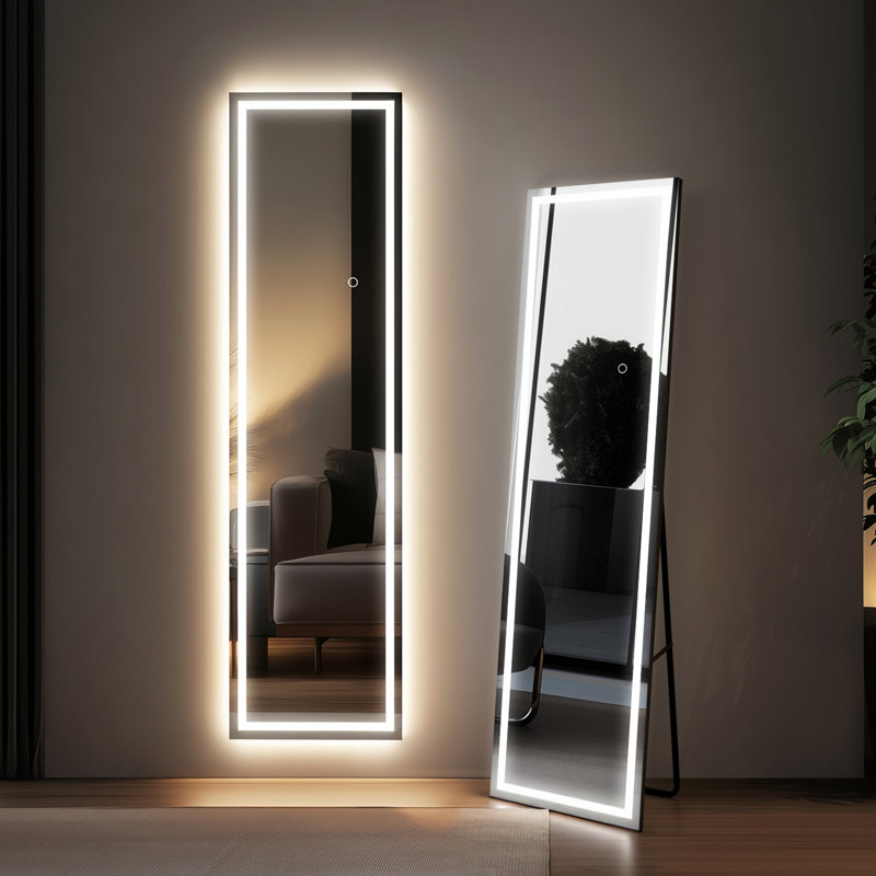 Oakleaf Tempered Glass LED Full Length Mirror – Touch Control, 3-in-1 Freestanding / Leaning / Wall-Mounted, 59" x 16", Black