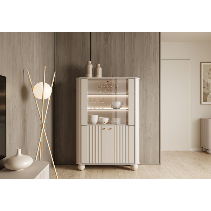 Glass 103 cm W Display Cabinet, Beige/Gold
