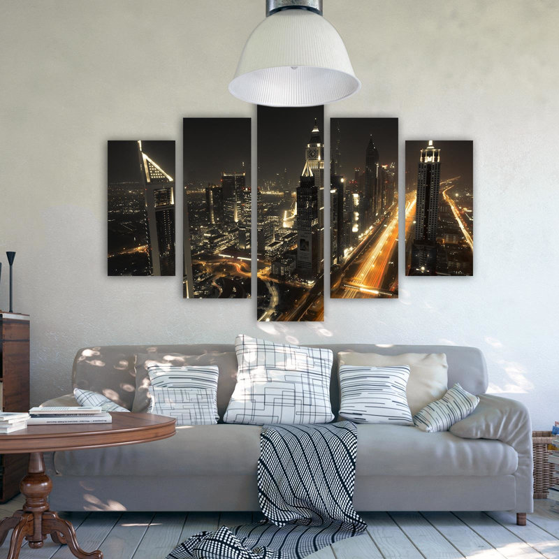 Dubai At Night City Panorama - 5 Piece Wrapped Canvas Set