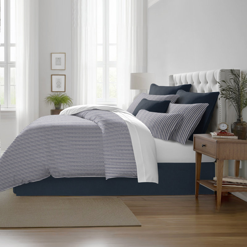Walker Ticking Stripe Indigo/Ivory Cotton Coverlet Set, California King Coverlet/Bedspread + 2 King Shams