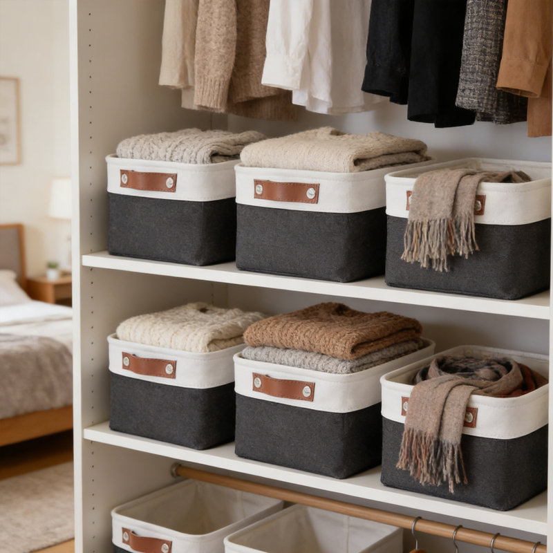 Storage Baskets for Shelves (4-Pack) – Fabric Closet Organizer Bins with PU Leather Handles, Collapsible Metal Frame for Linens, Toys, Towels in Living Room, Bedroom, and Nursery