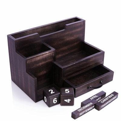 Handcrafted Mango Wood Desk Organizer with Calendar Blocks - No Assembly Required