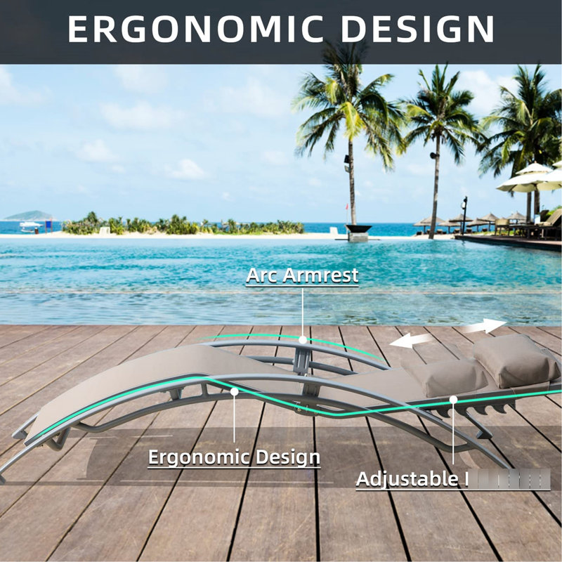 3 Pool Lounge Chair - Adjustable Rustproof Aluminum Outdoor Chaises With Side Table For Lawn Deck Poolside Backyard 5 Positions, , Khaki Tone Chaise Chairs Fabric And Metal Area