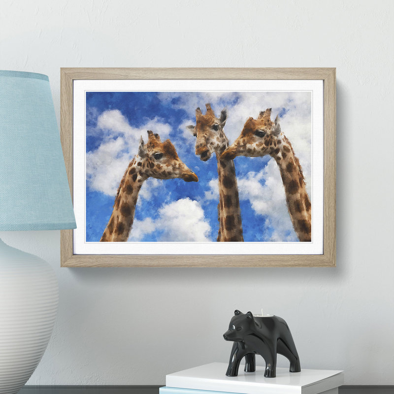 Three Giraffes - Single Picture Frame Painting on MDF, 24cm H x 33cm W x 2cm D, Oak