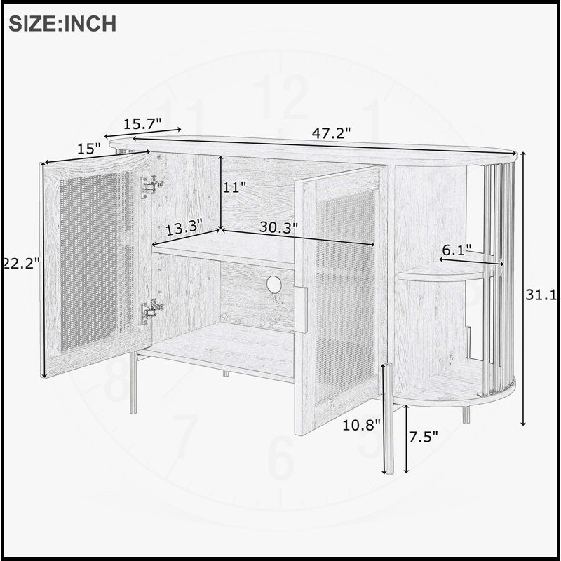 Élégante armoire de salle à manger courbée avec bordure dorée et portes en rotin tissé, Blanc