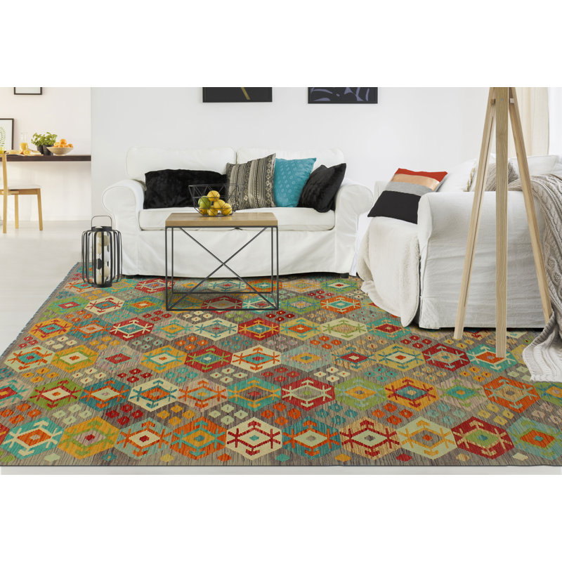 Tapis rouge / gris en laine noué à la main de conception unique 8 pi 1 po x 9 pi 6 po Jalyia