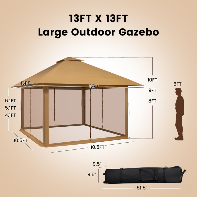 13 Ft. W x 13 Ft. D Patio Gazebo, Khaki