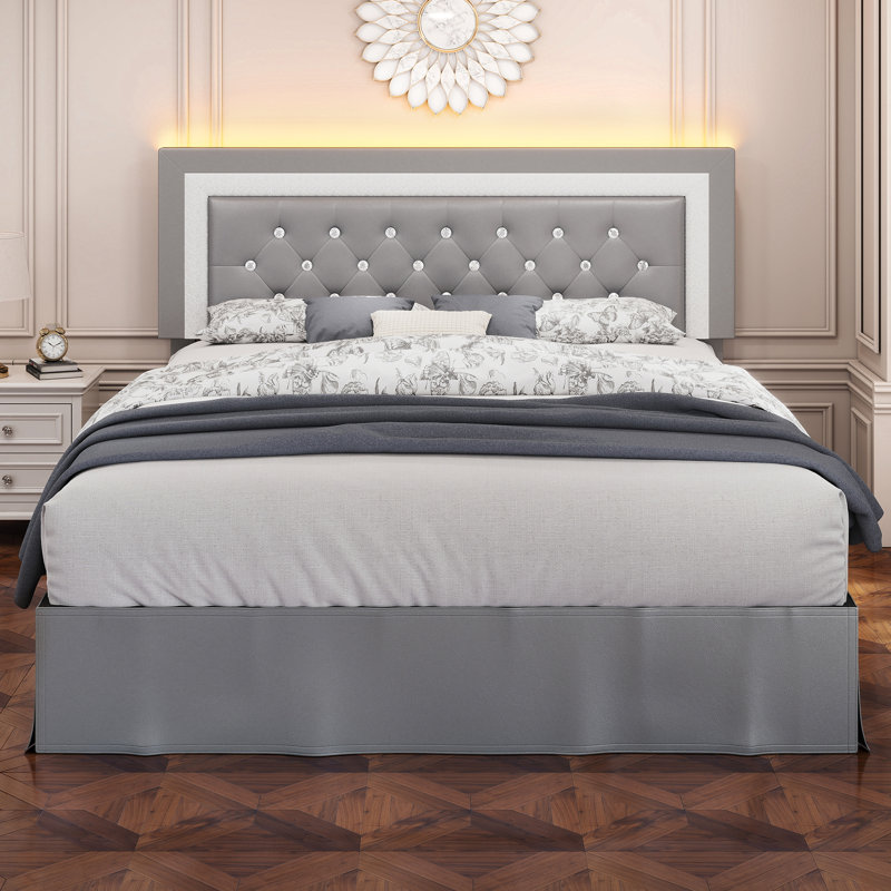 Bed Frame with Adjustable Headboard and Crysral Tufted Upholstered Beds, Full, Gray