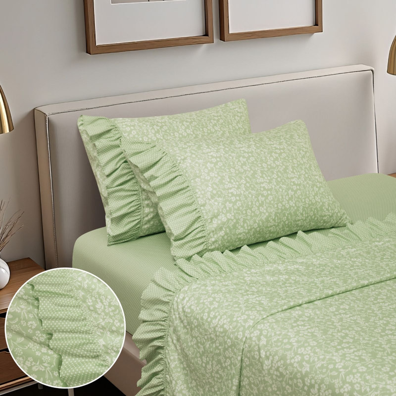 Printed Floral and Polka-Dot Ruffle Sheet Set, King, Green