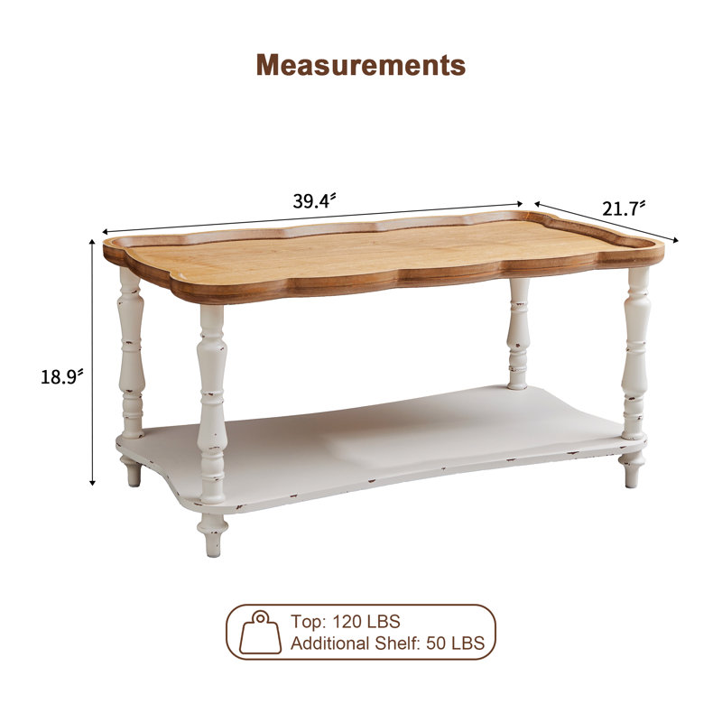 39.4" W scalloped  Coffee Table, 2-Tier Wood vintage Center Table with Storage Shelf, Turned Legs, Distressed Finish